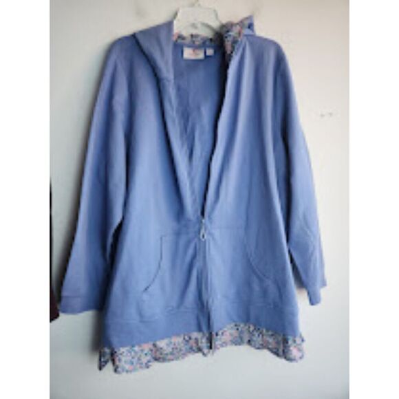 Quacker Factory Women Blue Full Zip w/Floral Hem Cotton Hoodie Sweater size 2X - Picture 2 of 10